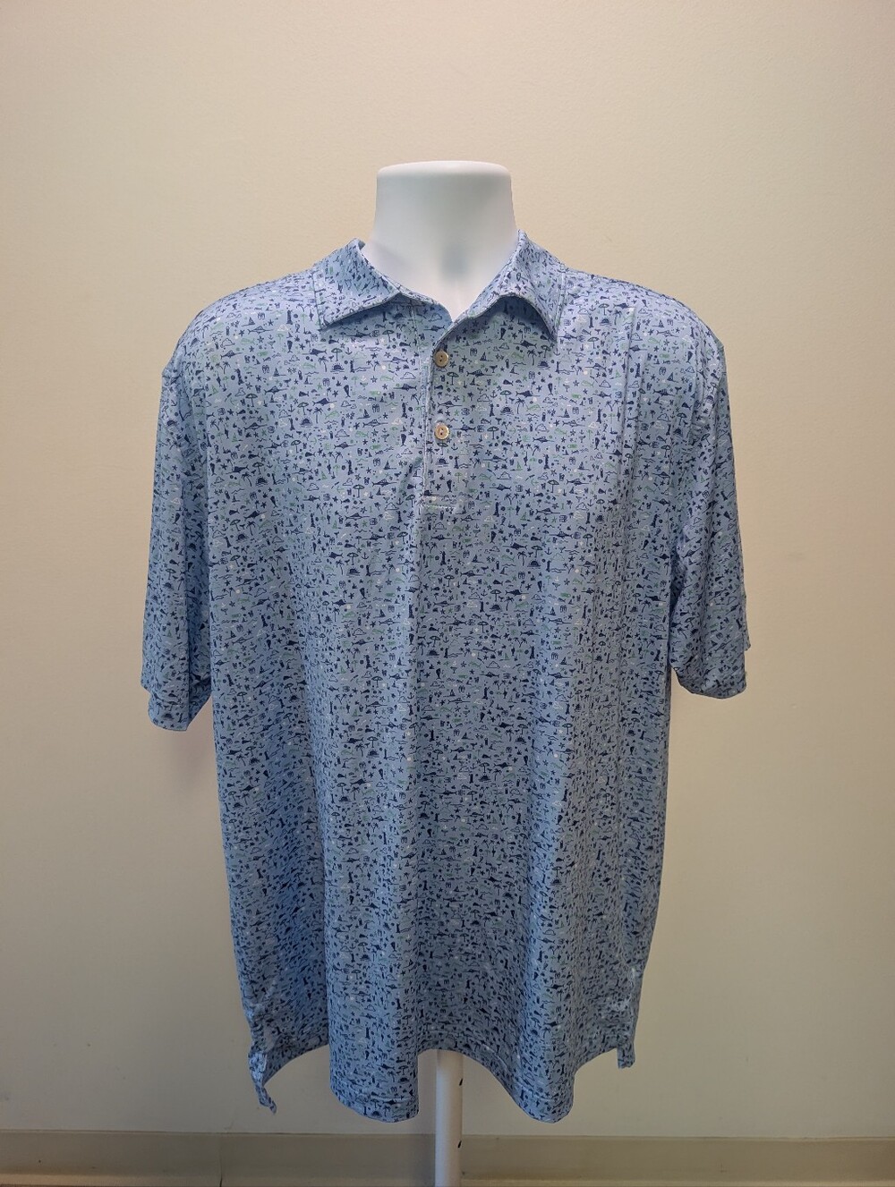 Peter Millar Light Blue Short-Sleeve Printed Polo with Navy & Green Accents